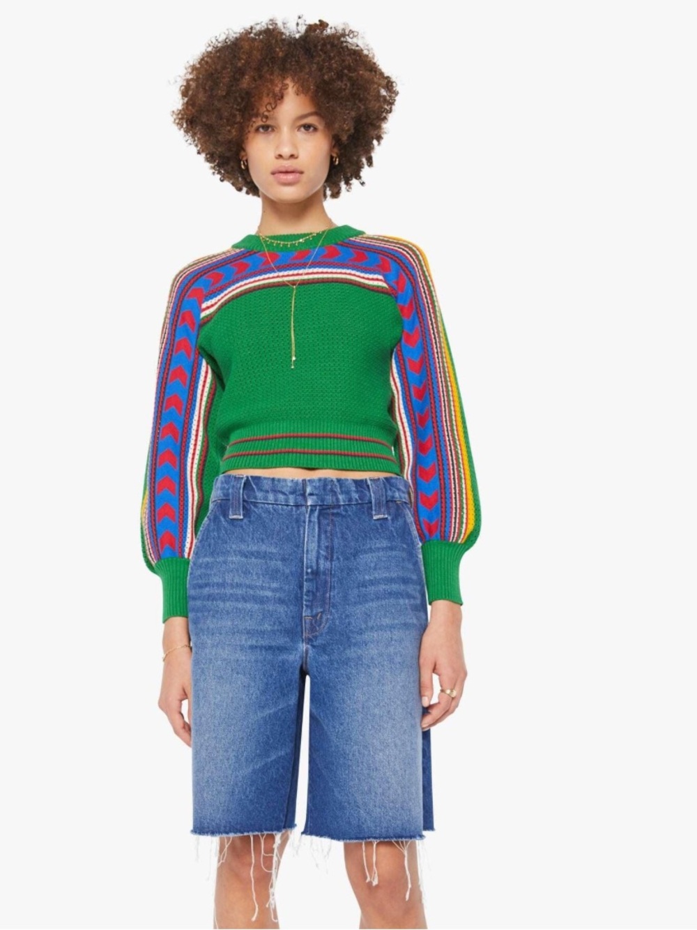 MOTHER Green Multi-Stripe Puff Sleeve Sweater
